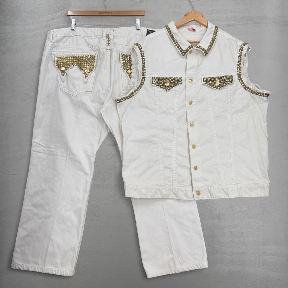 Y2K Robin's Jean Denim Set White Gold Studded Vest and Pants 44/4XL